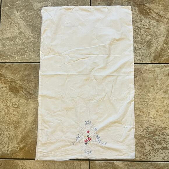 Vintage Embroidered Pillowcase Red Roses Blue Swirls Floral Elegant Home Decor - Picture 1 of 8
